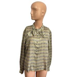 VTG 70s Sir Norman Hartnell M Tan Silk Houndstooth Lavaliere Bow Couture Blouse